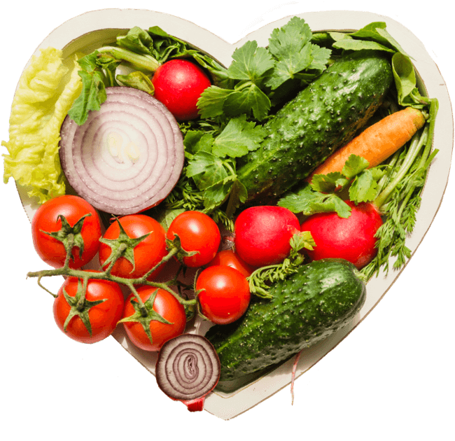 Mixed fresh vegetables arranged in a heart shape by HVO.earth